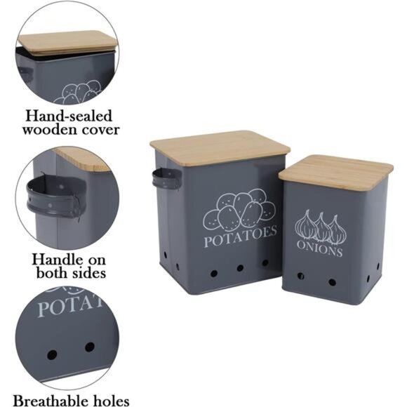Kitchen Vegetable Storage Tins Set of 2 for Potatoes, Onion, with wooden lid - Picture 4 of 7